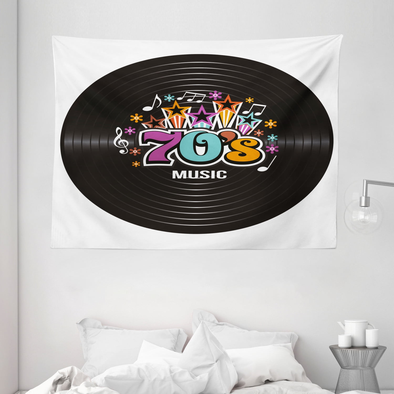 70s Party Decorations Tapestry, Music Theme Colorful Stars Flowers ...