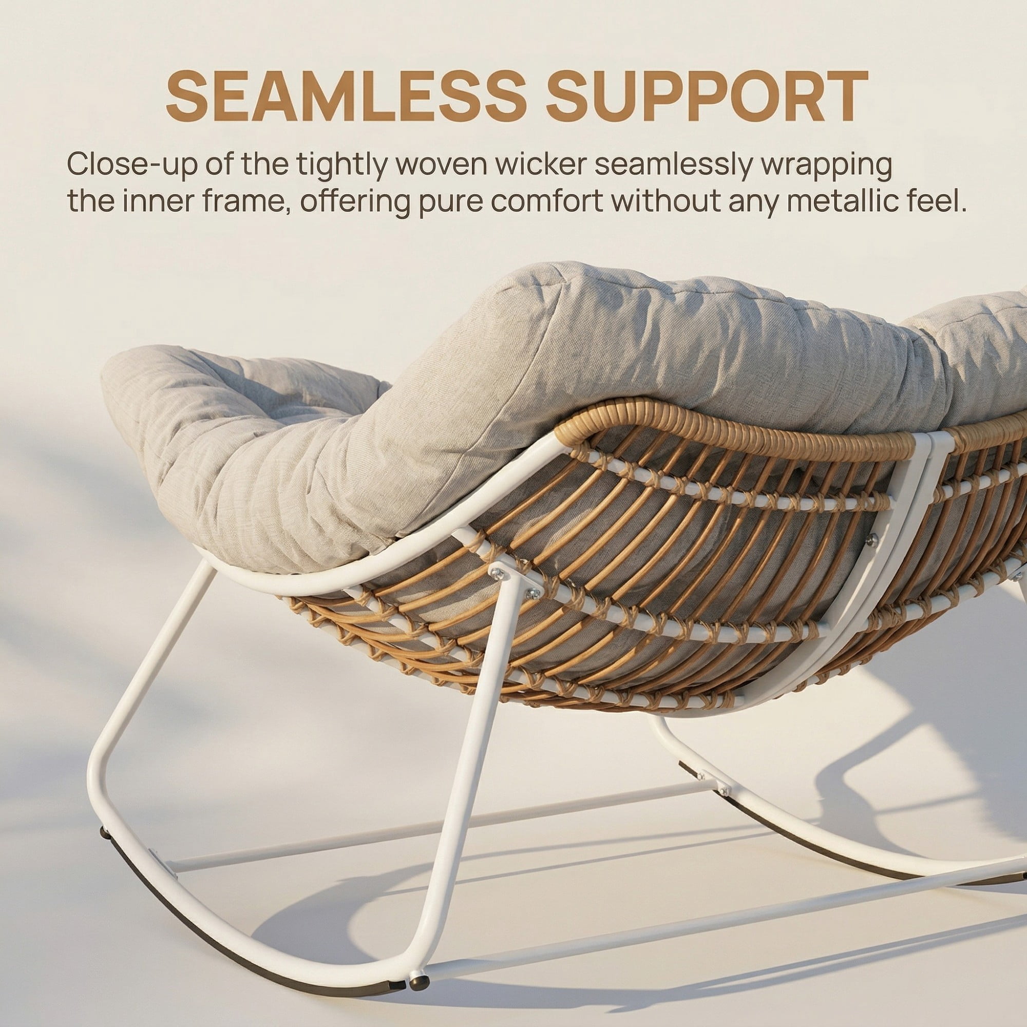 Outdoor Papasan Rocking Chair Oversized, Rattan Egg Rocker Chair with Padded Cushion, 400lbs Patio Wicker Rocking Chair for Living Room Porch Backyard, Light Gray