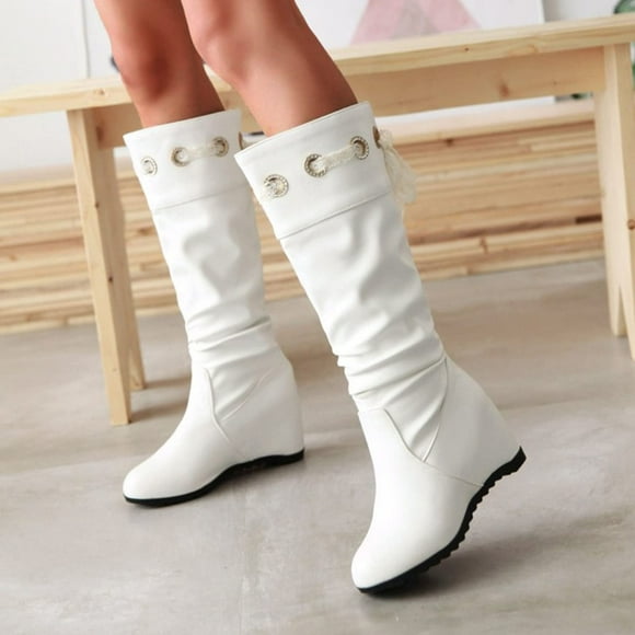 EGNMCR Knee High Boots Women Warm Solid Knee High Boots Round Toe Lace Bandage Booties High Heel Boots Shoes