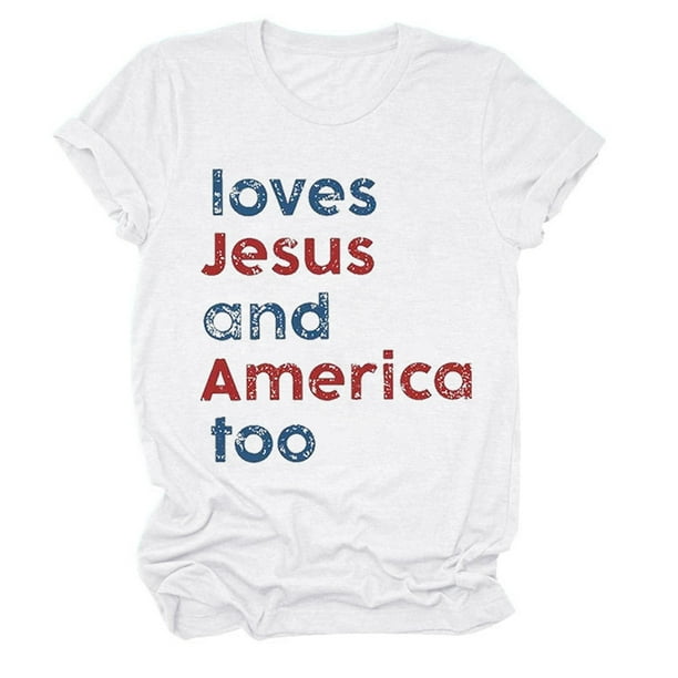 Camiseta patriótica para mujer del 4 de julio: estampado «Loves America Too», cuello redondo, top informal de verano - S-XXXL