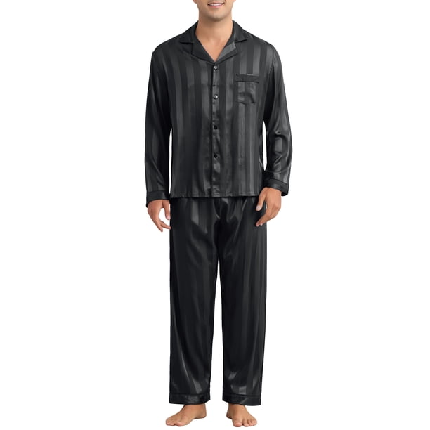 INSPIRAR CHIC Conjunto de Pijamas Casuales de 2 Piezas para Hombre de Satén de Manga Larga a Rayas con Botones XL Negro