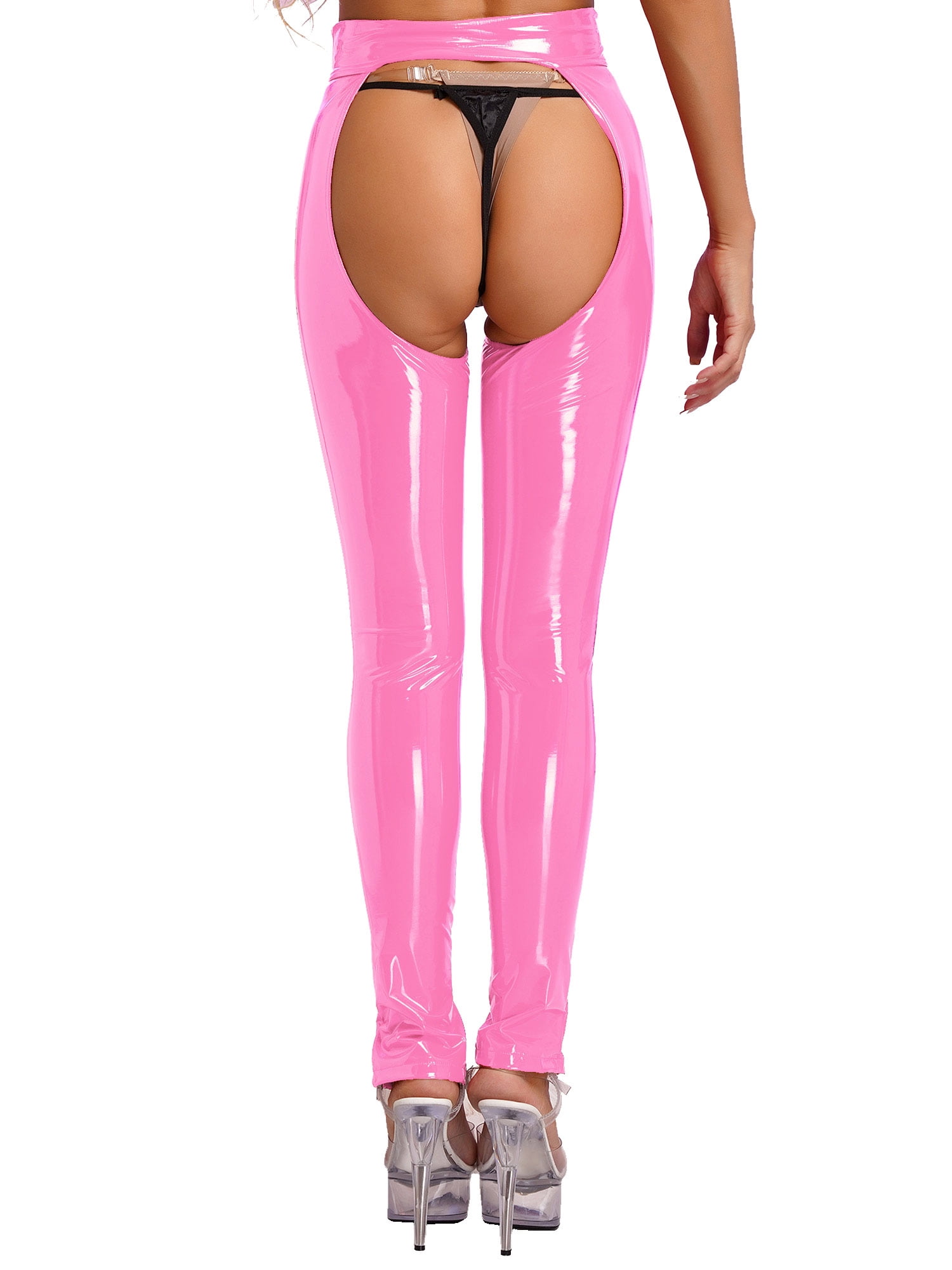 Latex Leggings Mid Waist Trim with Cameltoe-Effect Hot Pink No Zip