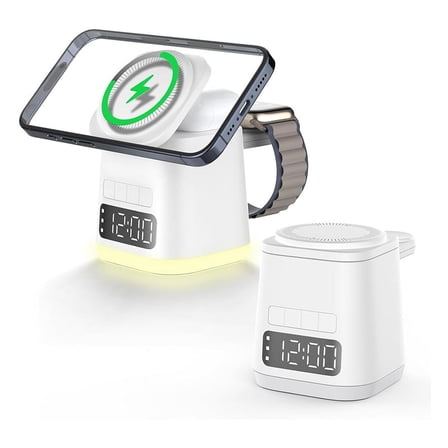 Charging Station,Alarm Clock,Night Light,Wireless Charging Dock, Phone Watch Charger Stand, Charger Combo White