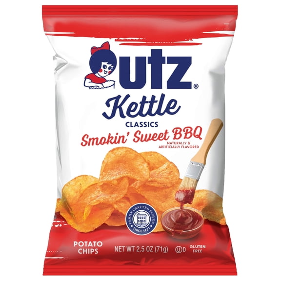 Utz Kettle Classic Smokin’ Sweet BBQ Potato Chips, 2.5 oz Snack Bags - Pack of 16