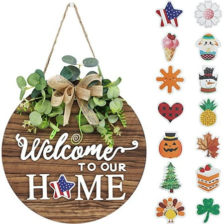 Interchangeable Seasonal Welcome Sign Front Door Decoration Rustic Round Wood Wreaths Wall Hanging for Farmhouse Front Porch Decor