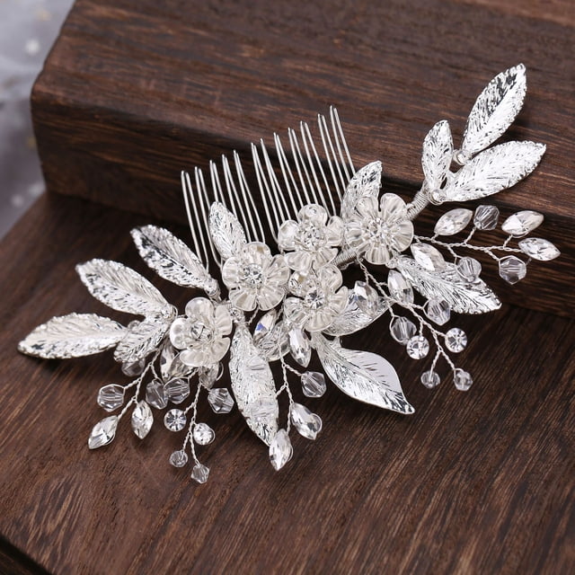 Peineta para el cabello hecha a mano para novias europeas y americanas, accesorios para vestido de boda, accesorios para el cabello con hojas plateadas, flores y cristales