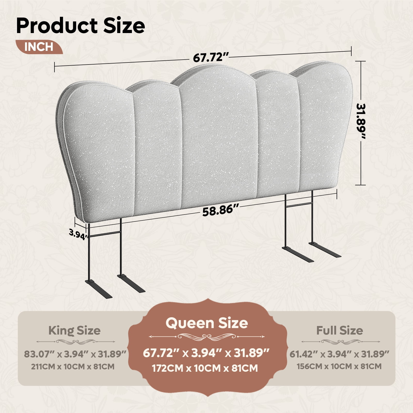 Pinmoco Chenille Upholstered Headboard for Full Bed, Height Adjustable Crown-Shaped Headboard, Starry Gray