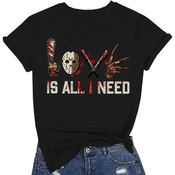 100% Cotton Love Is All I Need Halloween Squad Women S Novelty Horror Movies Graphic Short Sleeve T Shirt Golf Gift T-Shirt For Men and Women