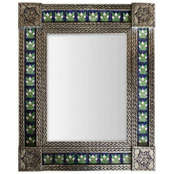 Medium Brown Three-Lily Mexican Talavera Tile Mirror