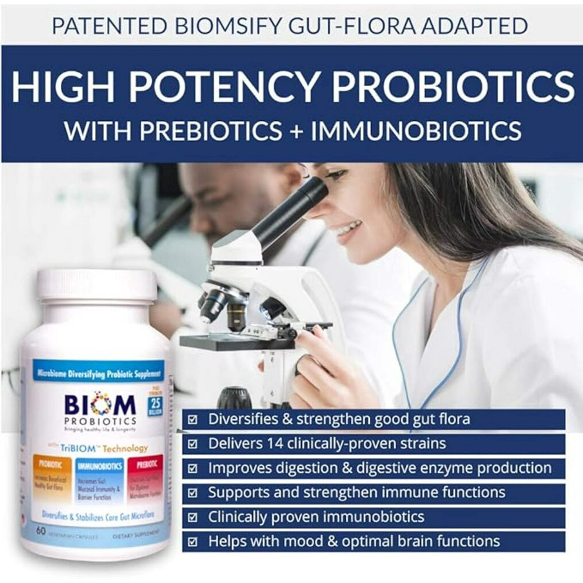 Biom Probiotics 3-in-1 Formula Cold Shipped with 25 Billion Flora for Adults, Immune Support, 60ct