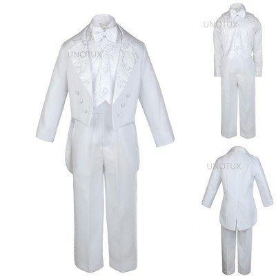 INFANT TODDLER & BOY WEDDING FORMAL JACQUARD TAIL TUXEDO WHITE S M L XL 2T 3T-20