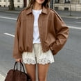 thumbnail image 4 of Edvintorg Jackets for Women Drop Shoulder Cropped Leather Jacket Gathered Hem Oversized Batwing Sleeve Zip up Short Coat with Pocket Women Clothing S-L Bronze, 4 of 6