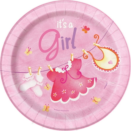 - Clothesline Baby Shower Plates, 7 in, Pink, 8ct