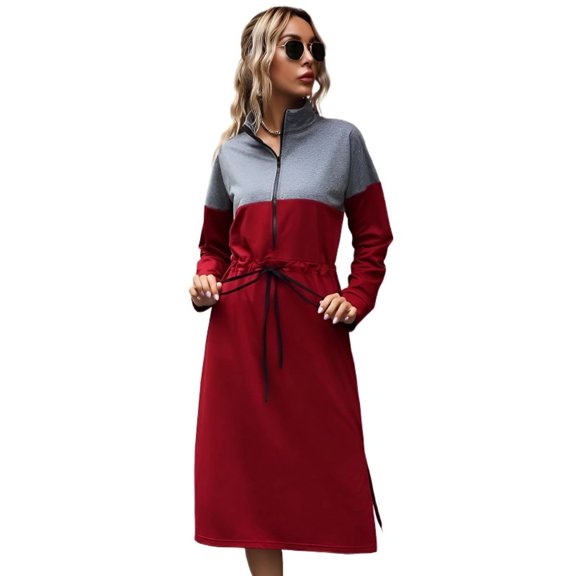 Color Block Sweatshirt Dress Long Sleeve Stand Collar Casual Pullover Mid Length A Line Dress S XL