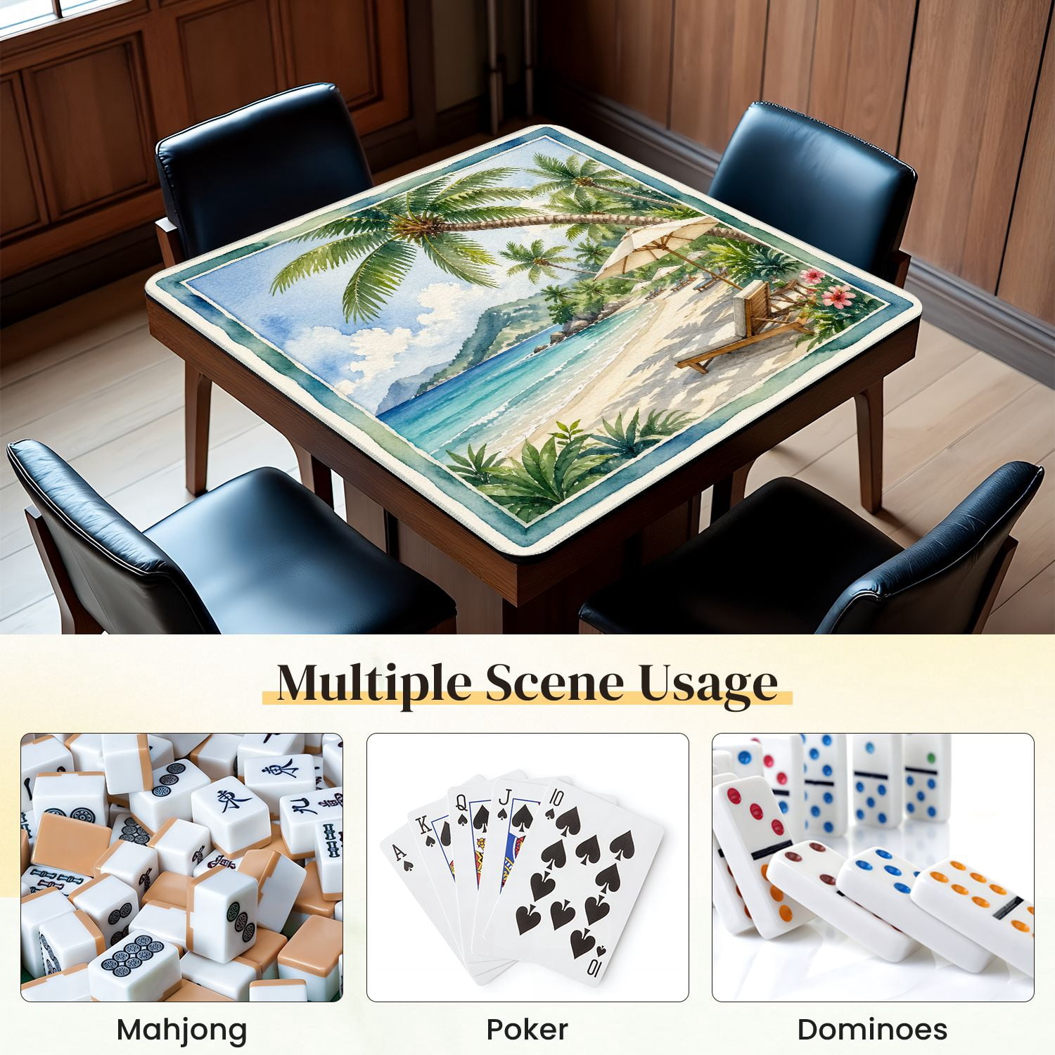 Mahjong Mat 31.5" x 31.5" Tropical Beach Palm Trees Lounge Chairs Ocean Non-Slip Noise Reduction Mahjong Tiles Table Cover for Dominoes Poker Card Board and Tile Games
