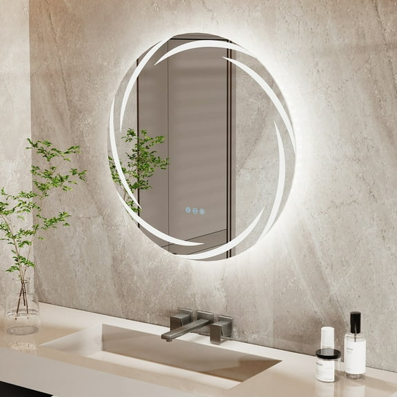 LUVODI Bright Backlit Bathroom Mirror Whirlwind Patterned Anti-Fog Dimming Mirror 24in Round