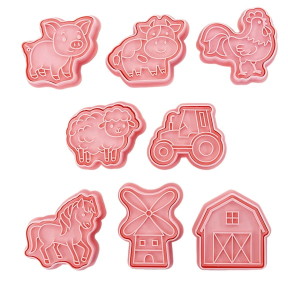 8-Piece Farm Animal Cookie Cutters Set Windmill Cow Pig Horse Chicken Sheep Fondant Baking Press Mould Plastic