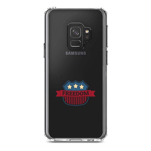DistinctInk Clear Shockproof Hybrid Case for Samsung Galaxy S9 (5.8" Screen) - TPU Bumper Acrylic Back Tempered Glass Screen Protector - USA Freedom Badge Red White & Blue