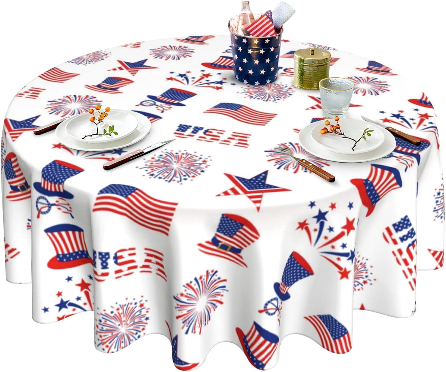 Round Tablecloth 60 Inch, 4th of July Patriotic American Flag Table