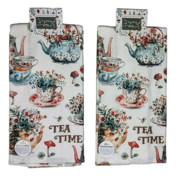 Set of 2 CottageCore TEA TIME Terry Kitchen Towels by Kay Dee Designs