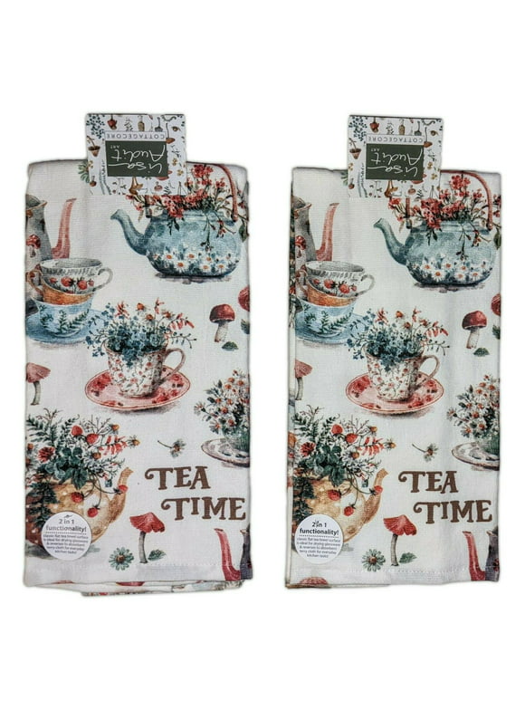 Set of 2 CottageCore TEA TIME Terry Kitchen Towels by Kay Dee Designs