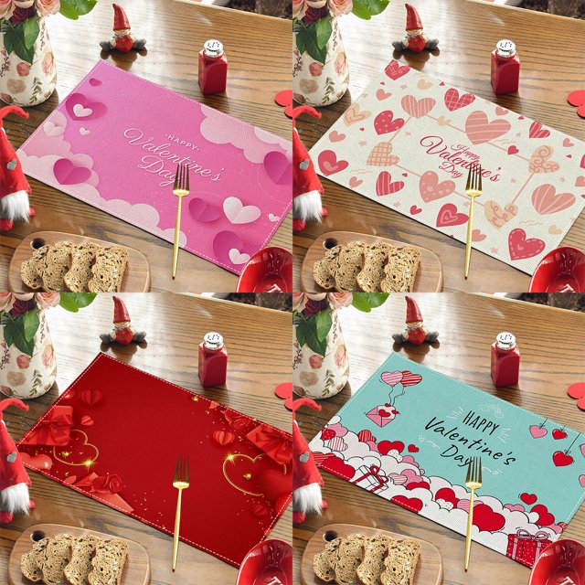 Valentine's Day Table Mat, Insulated Dinner Mat, Waterproof, Linen Print, 18x12in Decor, Restaurant-Style, Candlelight Dinner, Wedding Gift, Kitchen Dining, Home Decor, Heat Resistant\ | Flax, A