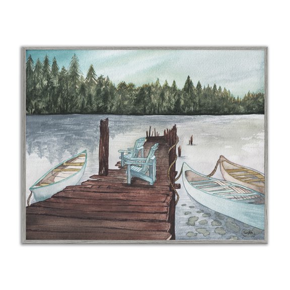 Stupell Industries Canoes at Lake Dock Landscape Painting Gray Framed Art Print Wall Art, 20 x 16