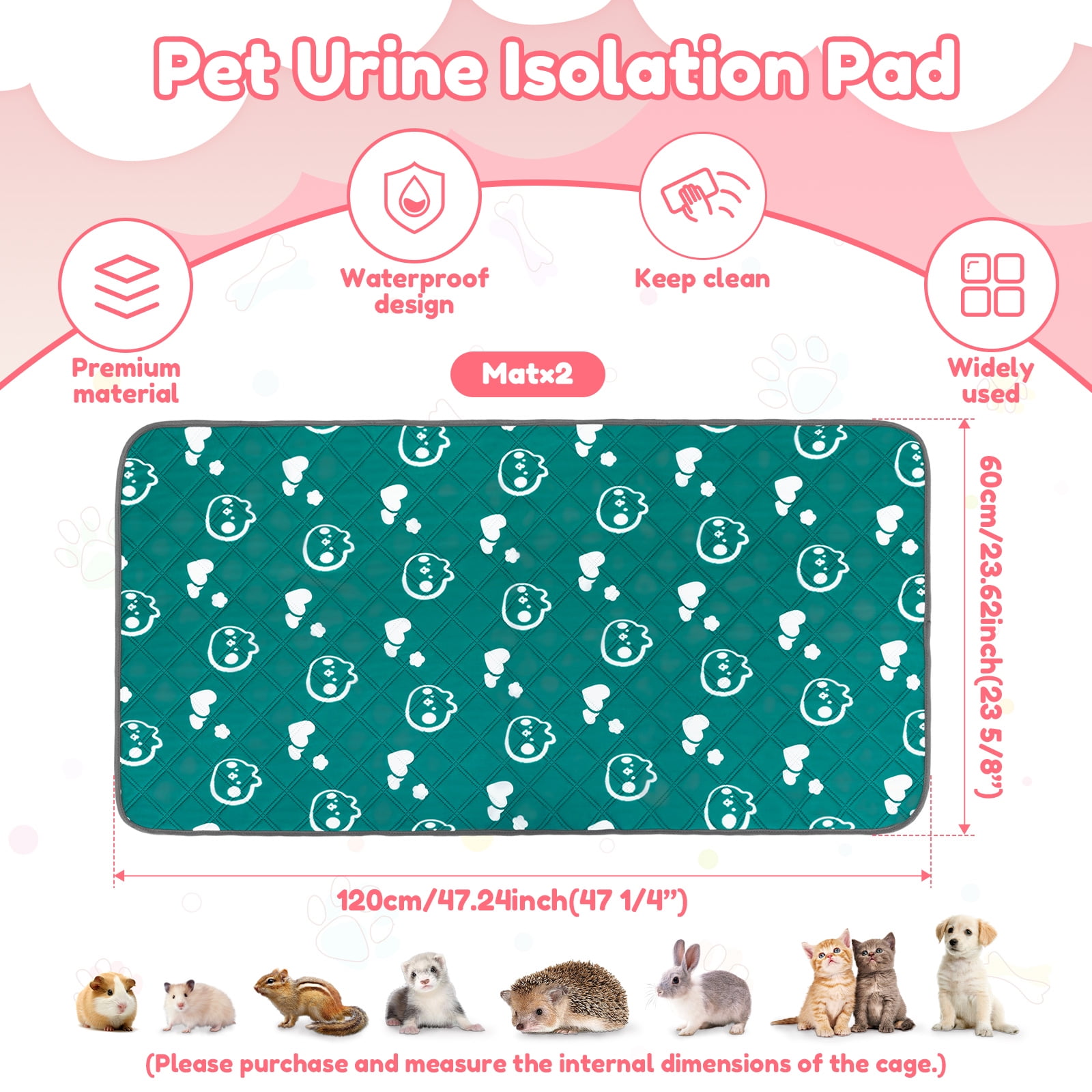2Pcs Washable Guinea Pig Pee Pads 47 x 24 inch Waterproof Reusable Guinea Pig Cage Liners Absorbent Bedding Training Mat for Small Animal Rabbit Hamster Hedgehogs