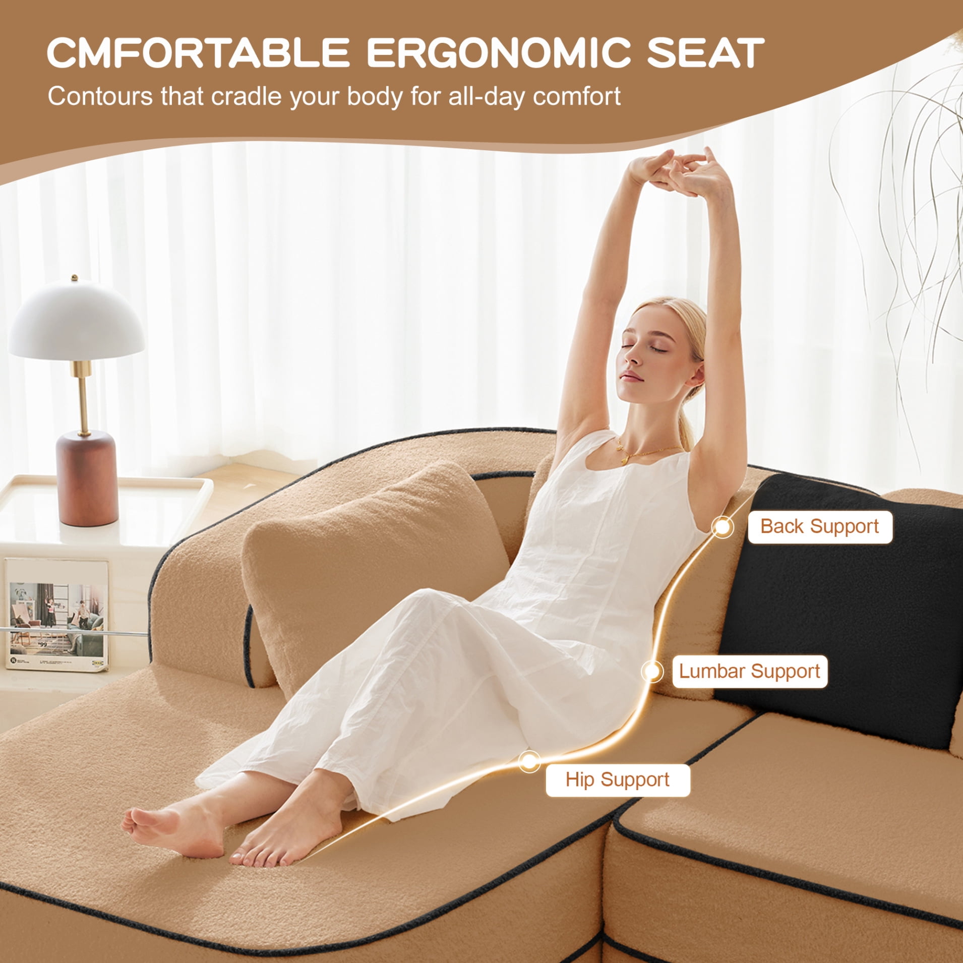 106" Teddy Fabric 32D Boneless Sofa,Modular Sectional Sofa with Curved Armrest,Contrast Color Design with Pillow,Fluffy Comfy Couch with L Shaped Chaise,for Living Room,No Assembly Required,Camel
