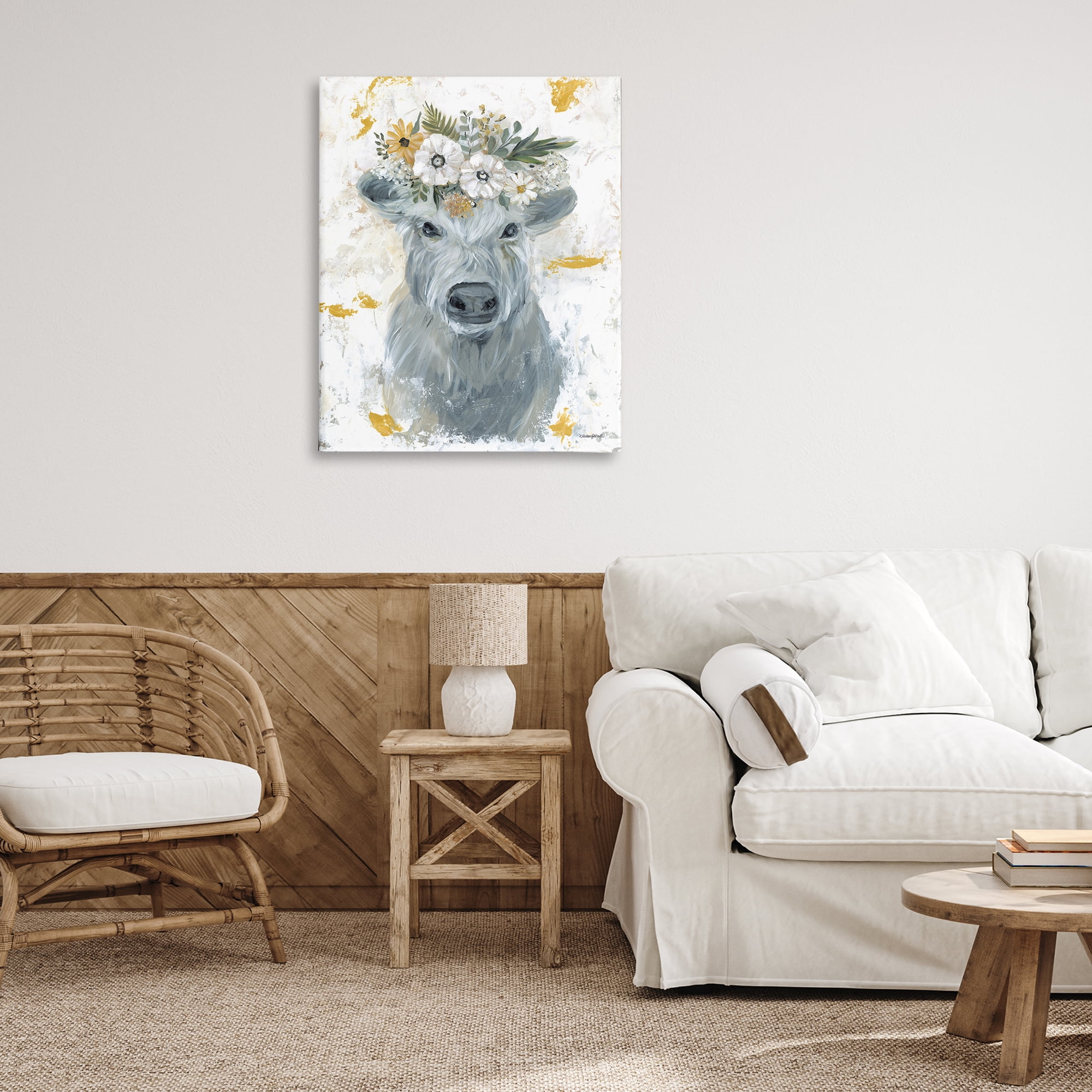 Stupell Industries Grey Cattle with Flowers Animals & Insects Painting Gallery Wrapped Canvas Art Print Wall Art, 30 x 40