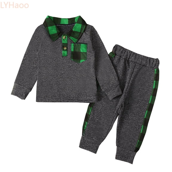 LYHaoo Toddler Boys Winter Long Sleeve Green Plaid Prints Tops Pants 2PCS Outfits Clothes Set For Babys Clothes Boys School Clothing Sets Sizes (18-24 Months)