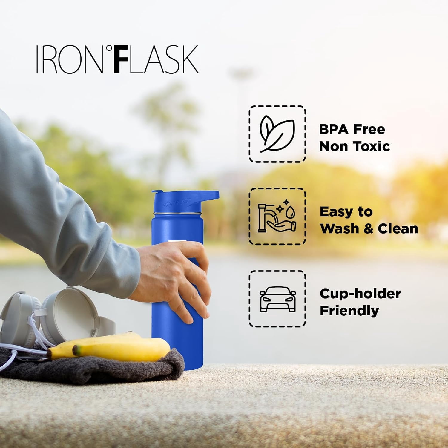 IRON °FLASK Camping & Hiking Hydration Flask, Wide Mouth, 3 Straw Lids, Stainless Steel Outdoor Water Bottle, Double Walled, Insulated Thermos, Metal Canteen - Cobalt Blue, 22 Oz