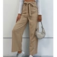 thumbnail image 3 of Pantalones de piernas anchas para mujer, con cinturón y lazo, bolsillos laterales de color puro, cierre de cremallera, pantalones casuales, color caqui L, 3 of 8