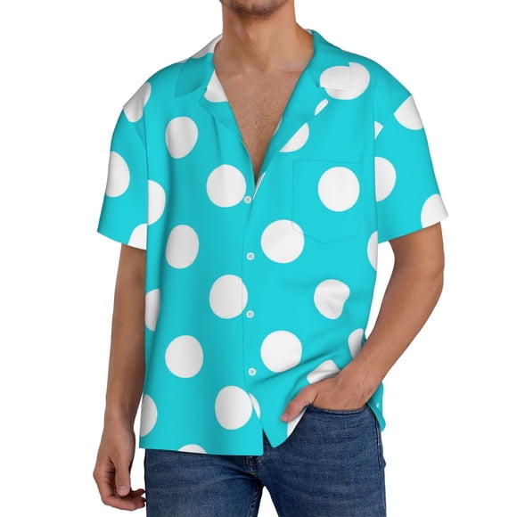 Kdxio Aqua And White Polka Dot Print Men's Polo Shirts Button Down Short Sleeve Casual Summer Beach Vintage Shirts for Men-XX-Large