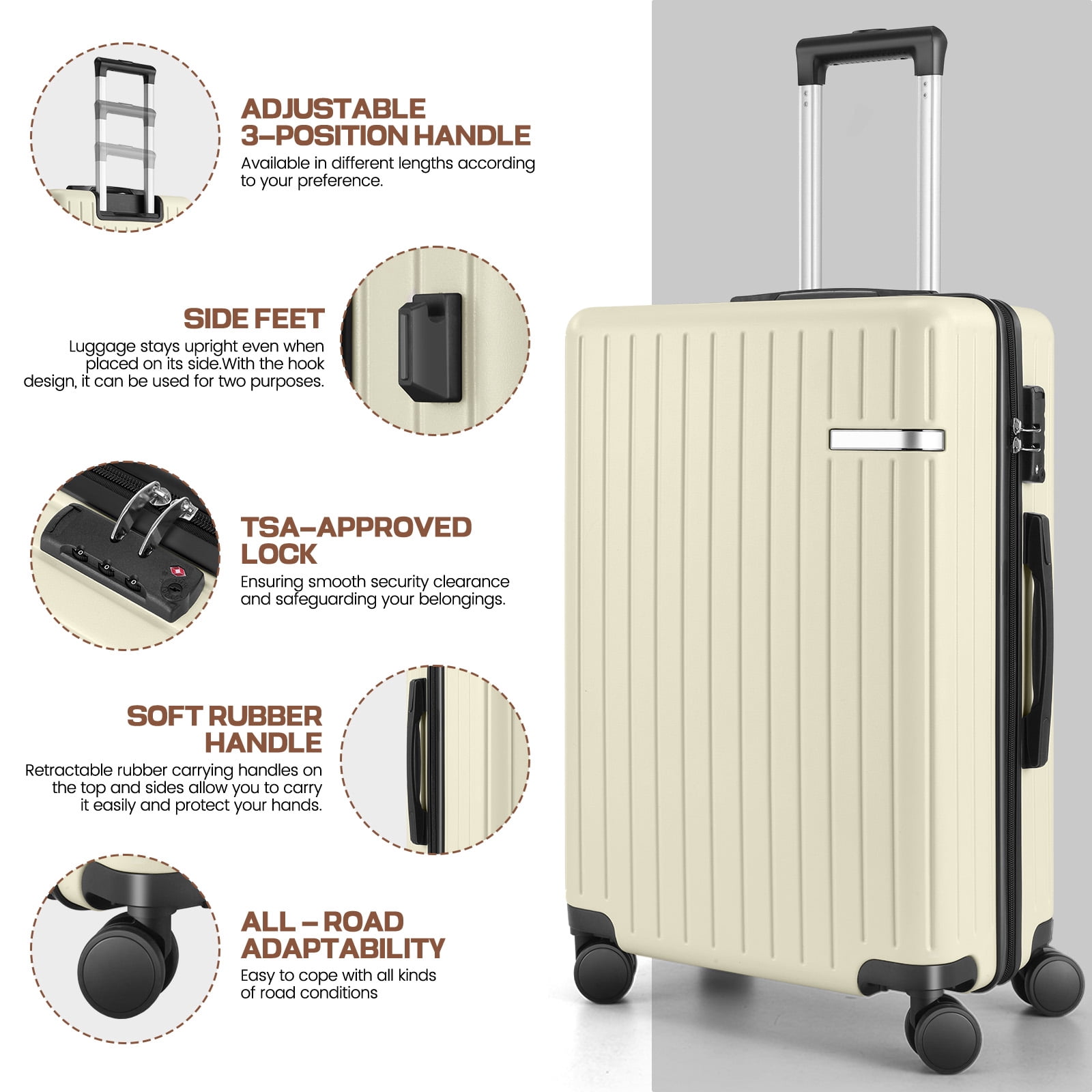SANOPY Luggage Sets 3 PCS, ABS Lightweight Suitcase Dual-Spinner Wheel TSA Lock, Hardshell Carry on Luggage with Expandable Travel Bag, Beige