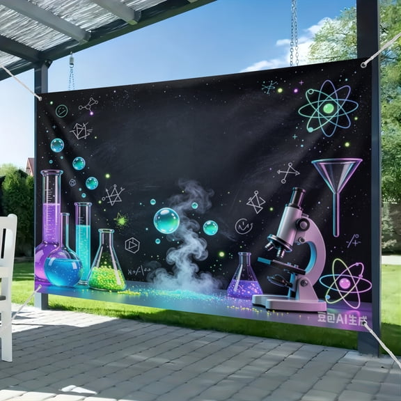 Science Party Decorations Photo Studio Background Birthday Party Decor Banner Supplies Mad Science Fun Scientist Subject Black Backdrop School Poster for Photography (1) 51*59IN