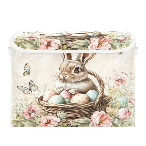 WOBOGO Brown Easter Bunny Large Collapsible Storage Box Flip Lid Fabric Decorative Organizer Container Basket with Handles 16.5×12.6×11.8in