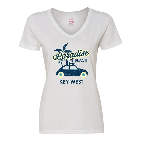 Inktastic Paradise Beach in Key West with Palm Trees and Car Women's V-Neck T-Shirt
