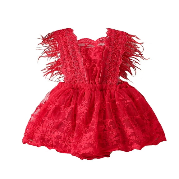 Musuos Baby Girls Summer Romper Dress 3 6 12 18 24M Toddler Sleeveless Feather Decor Sweet Lace Romper