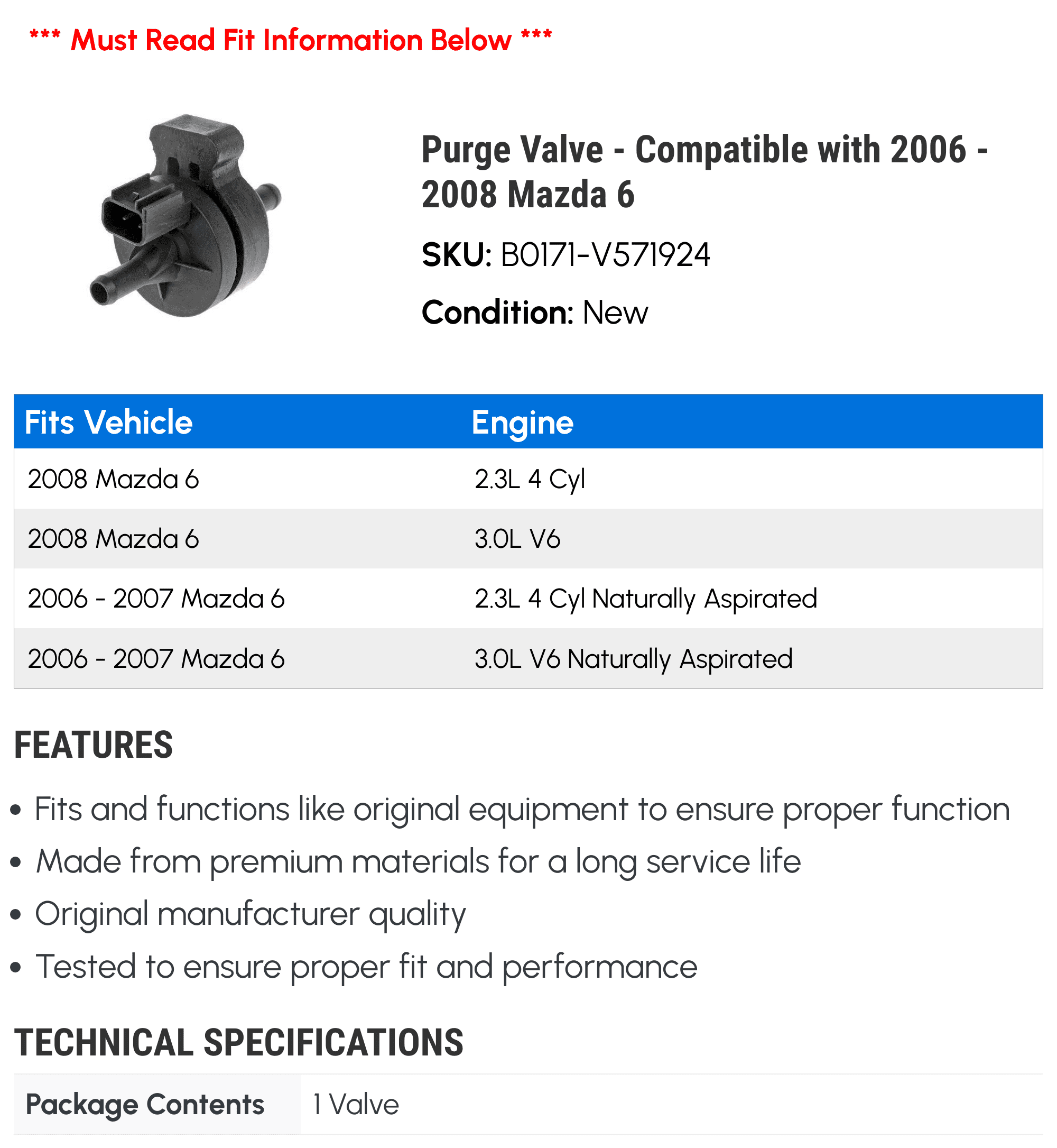 Purge Valve - Compatible with 2006 - 2008 Mazda 6 2007