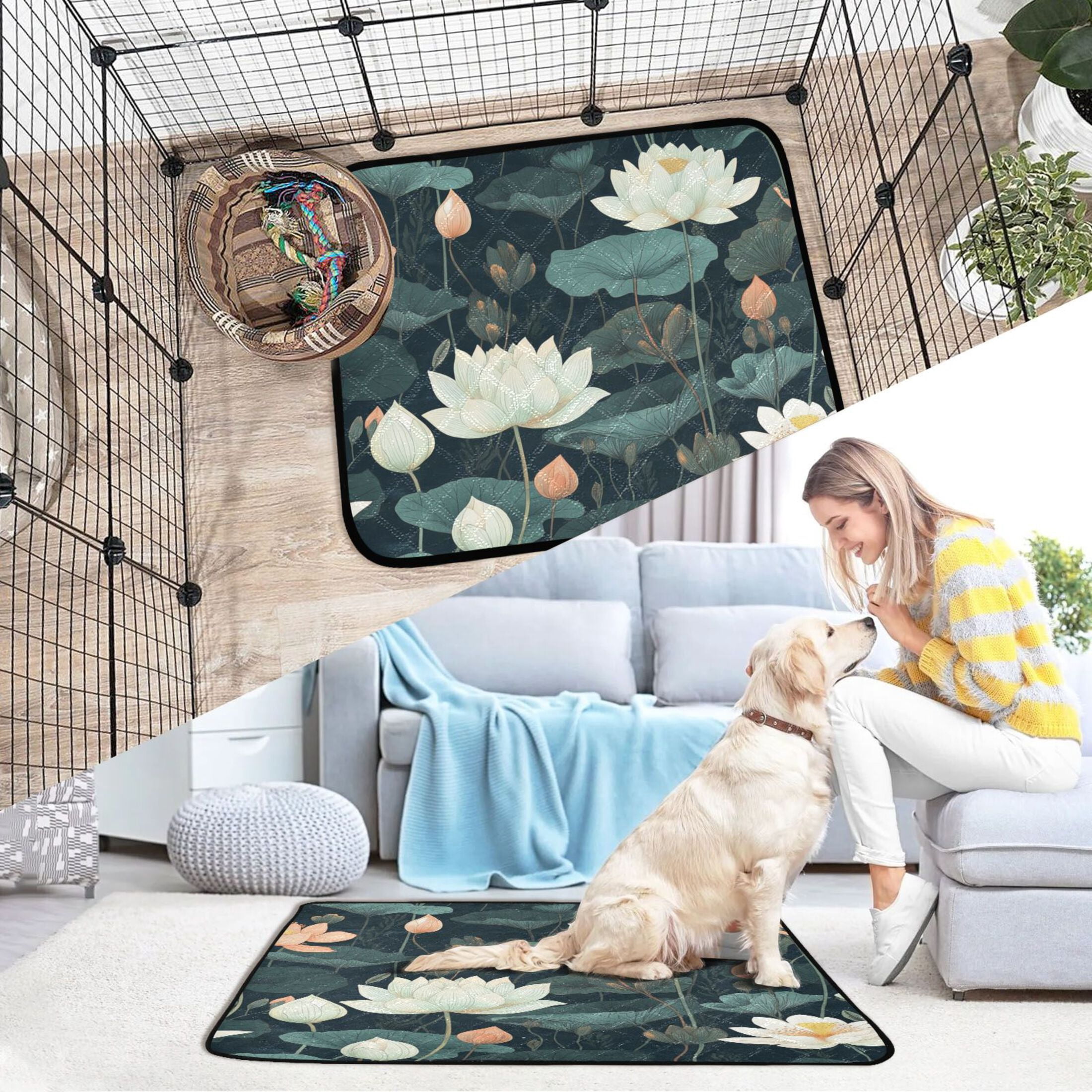 Qxltty White Lotus Flower Cat litter Pads Pet Set of 3 Diaper Mats Center Anti-leakage Layer Absorbent Soft and Comfortable