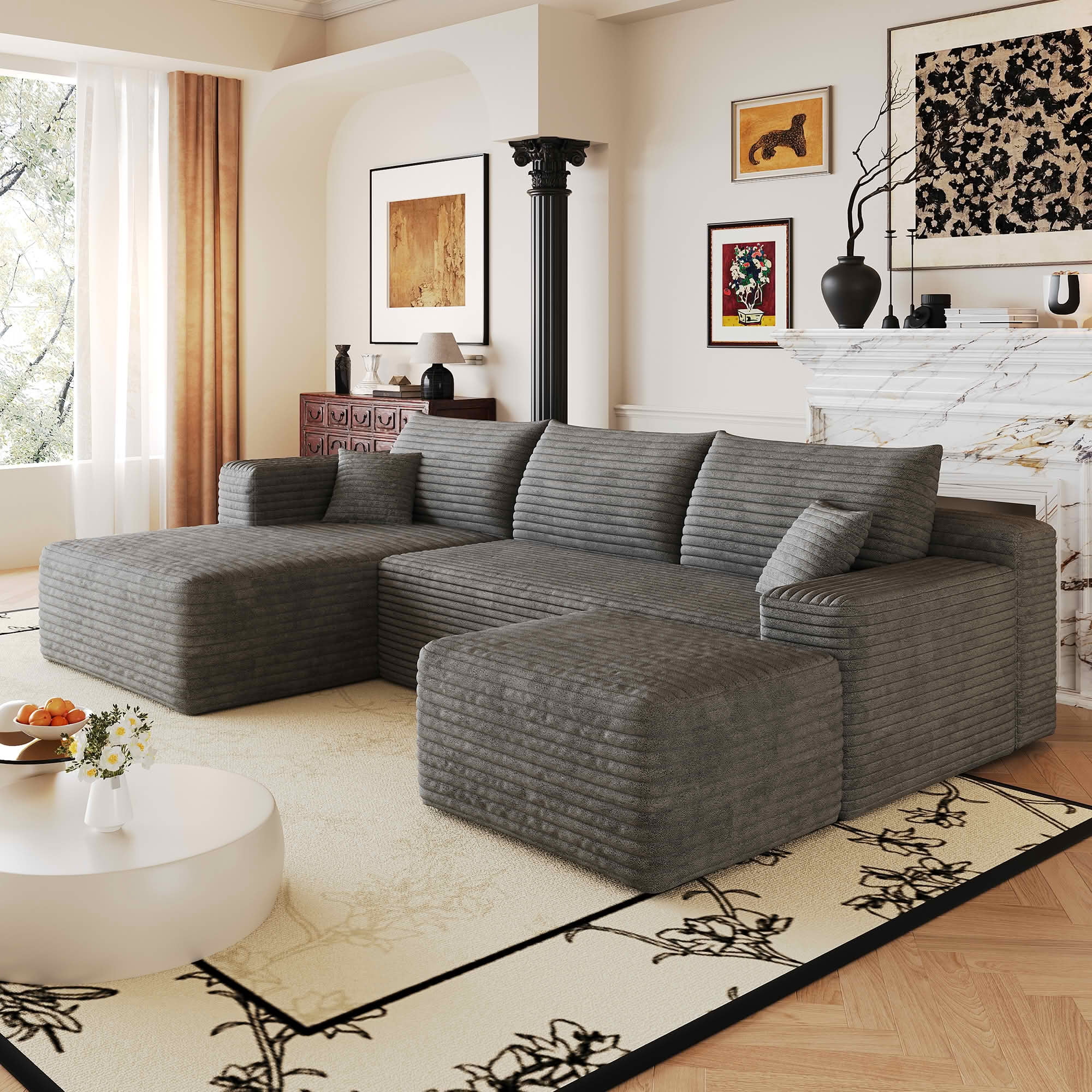 MAYEERTY 103 Inch Cloud L Shaped Sectional Sofa, Plush Corduroy Deep Seat Corner Couch, No Assembly Modern Minimalist Sofa for Living Room Apartment