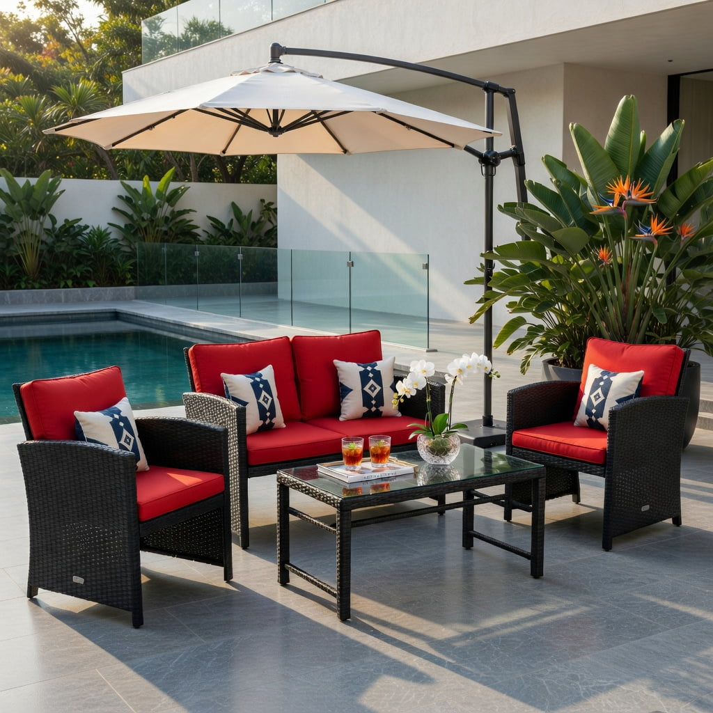 Hommoo 4-Piece Outdoor Rattan Patio Furniture Set with Cushions, Loveseat, 2 Chairs, Tempered Glass Coffee Table, Red