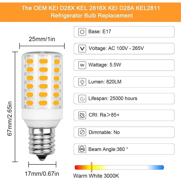 OPVM-Kei D28x Kel 2816x Refrigerator Bulb 3W AC100-265V Frigidaire Light Bulb Replacement Kei D28a Kel 2811 S02 Bulb, Warm White 3000K 820LMPack of 2