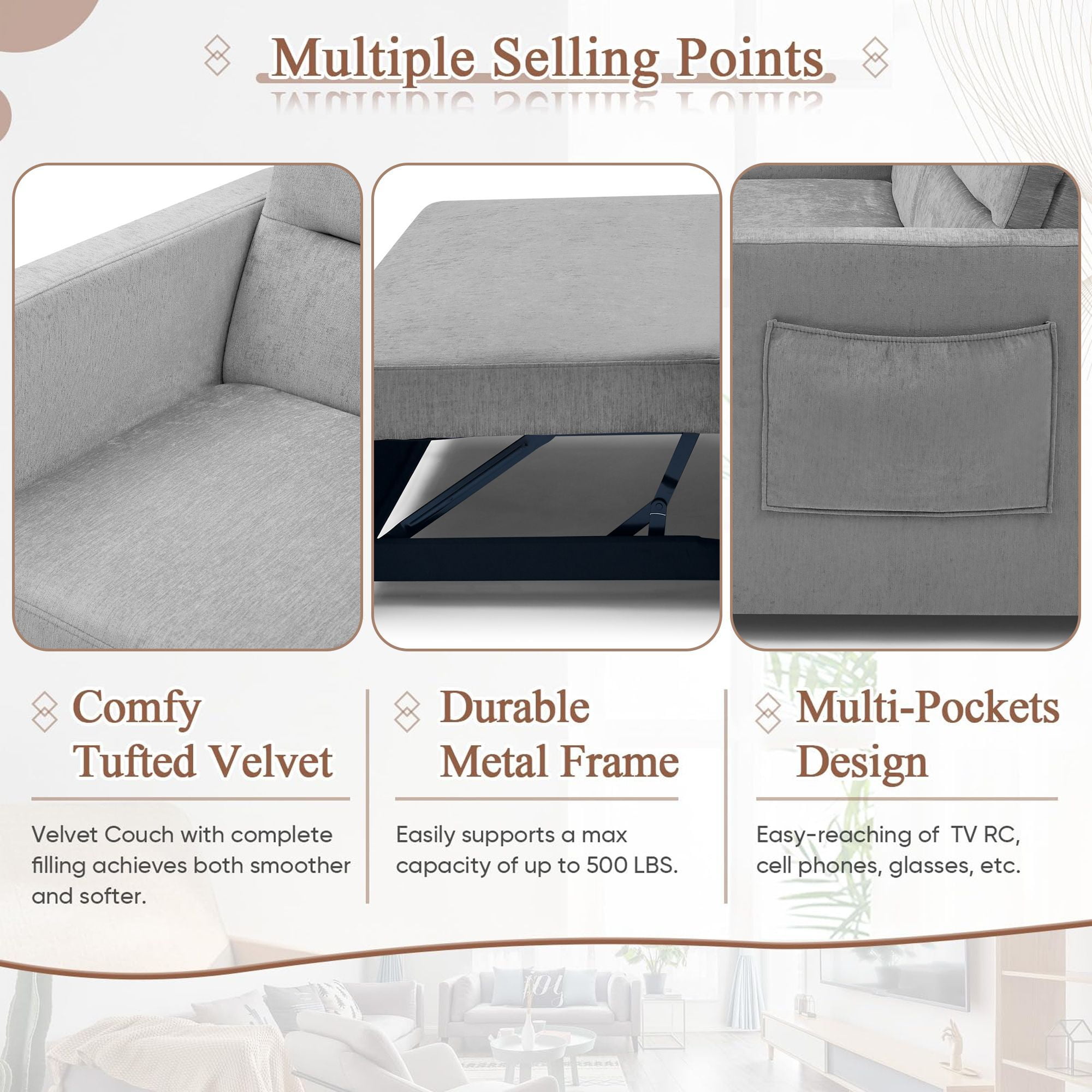 DEALTOPS Pull Out Sofa Bed, Convertible Loveseat Sleeper with Side Pockets, Gray