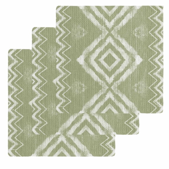 Sage Green Geometric Kitchen Dish Towels for Drying Dishes Set of 3, Watercolor Tie-dye Tribal Painting Art Waffle Weave Microfiber Hand Tea Bathroom Towels Quick Dry & Absorbent Towel 12x12