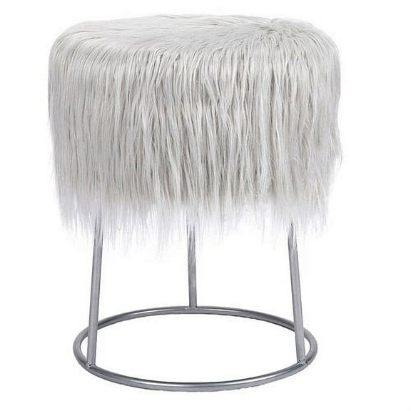 BirdRock Home Round Grey Faux Fur Foot Stool Storage Ottoman with Silver Legs - Vanity Chair - Soft Compact Padded Seat - Bedroom and Kids Room Chair - Metal - Fluffy Makeup Seat