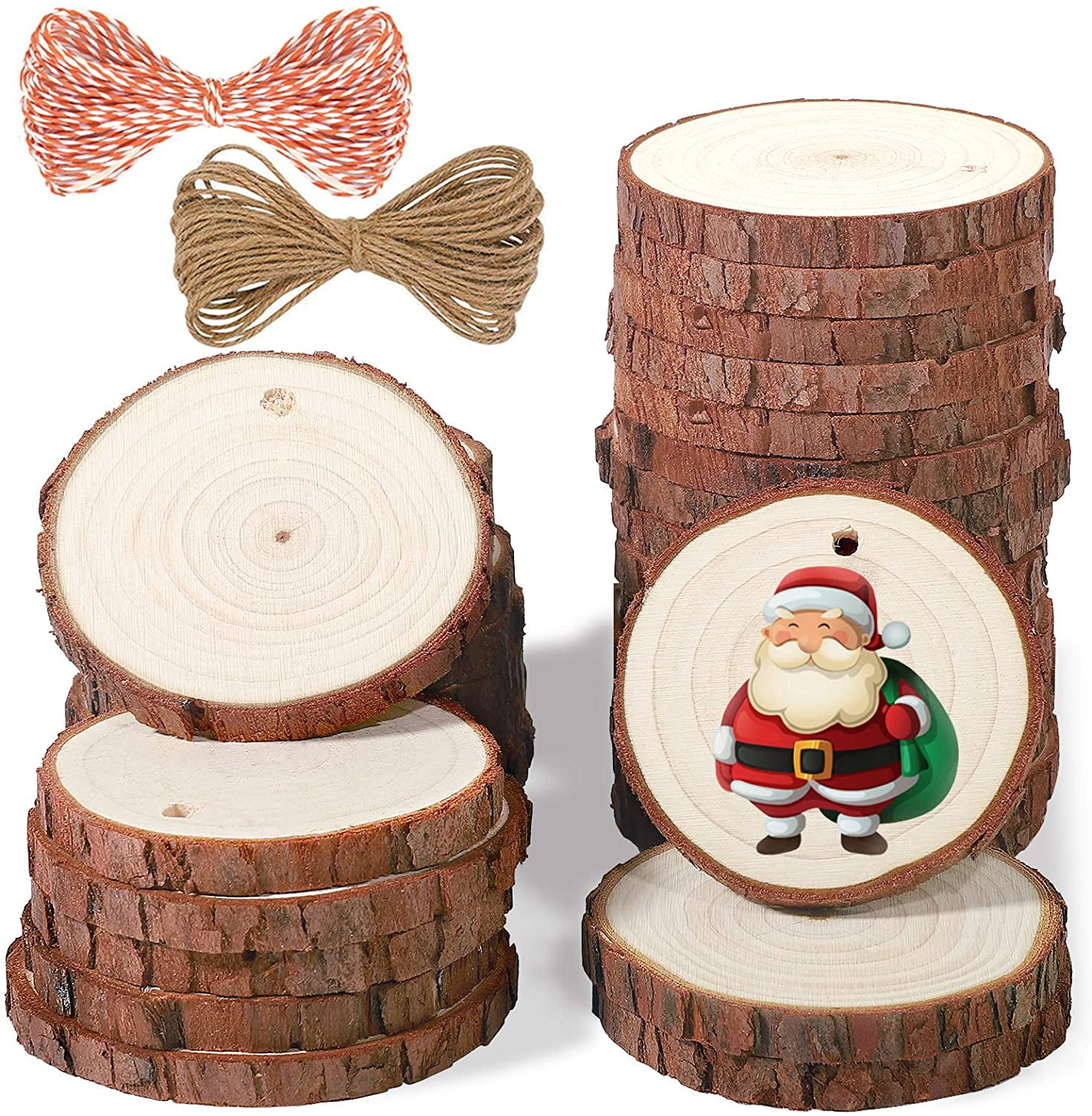 Natural Wood Slices 50 Pcs 2.0-2.4 Craft Unfinished Wood with Pre-drilled Hole and 49 Feet Twine String for Arts Wood Slices Christmas Ornaments DIY Crafts