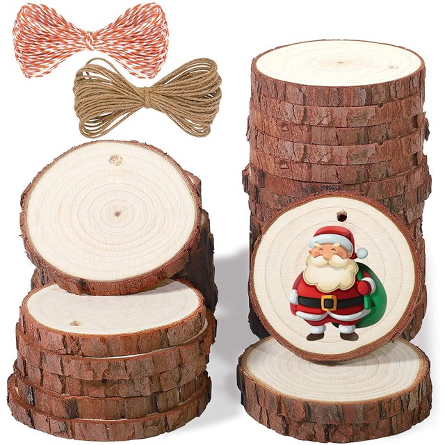 5ARTH Rebanadas de madera natural – 37 piezas de 2.0 a 2.4 pulgadas Kit de madera sin terminar para manualidades, círculos de madera preperforados con agujeros para artes, rodajas de madera, adornos n