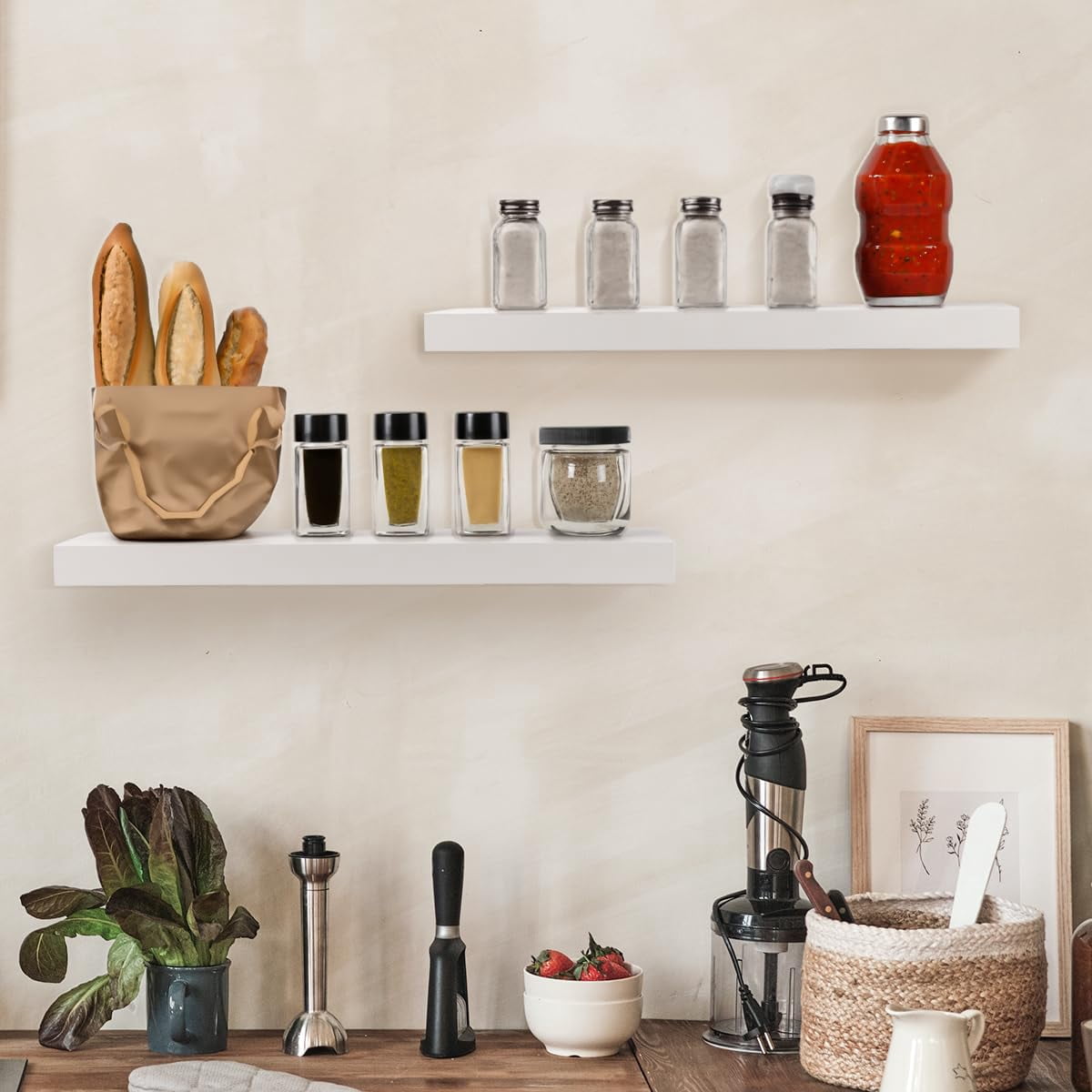 HAPOO 23.6 inch Wood Floating Shelves Wall Mounted Shelves, White, Set of 2